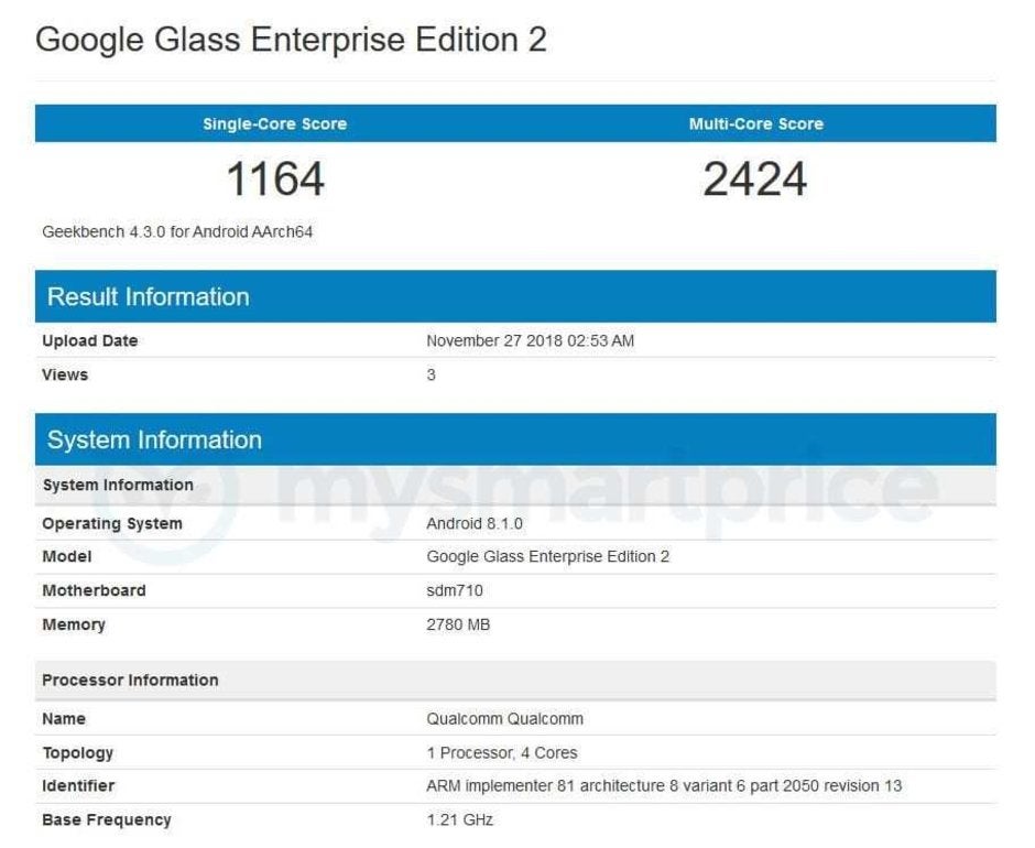 New Google Glass model appears in benchmarks: Snapdragon 710, Android 8.1 Oreo