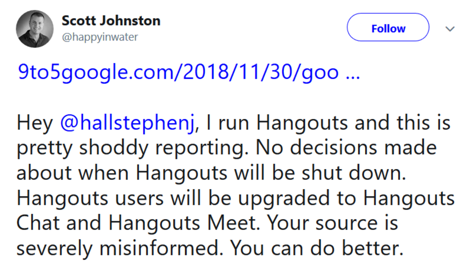 Google Hangouts product lead Scott Johnston says that Google has yet to decide when it will close Hangouts to consumers - Before Hangouts closes, Google plans to migrate consumers to the Chat and Meet apps