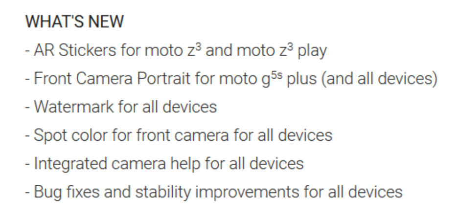 Changelist for the Moto Camera app update - Update to Moto Camera app adds new features for all Moto devices