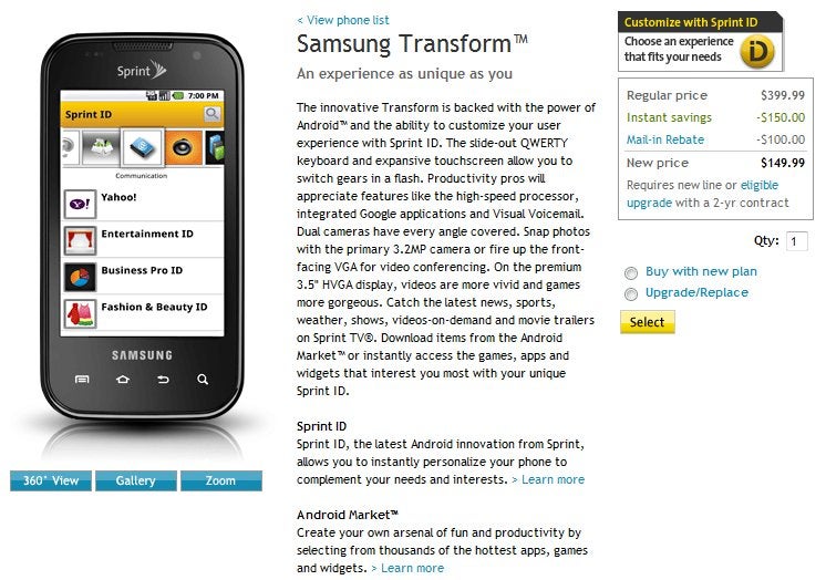 Sprint's mid-range offering in the Samsung Transform is now available