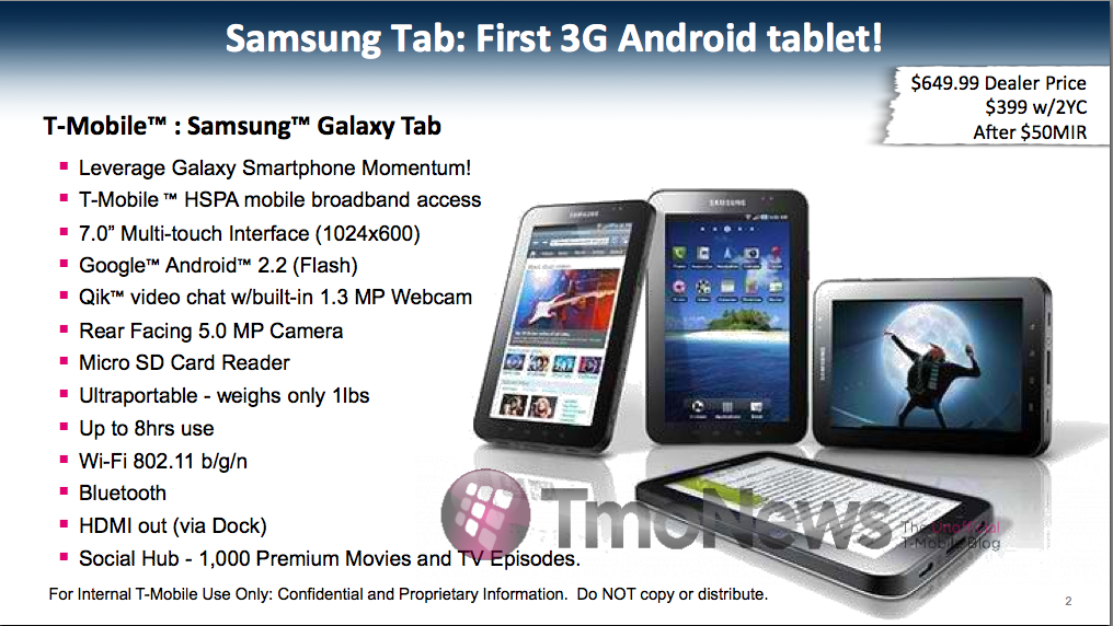 T-Mobile to price Samsung Galaxy Tab at $399 after rebate, with a 2 year contract