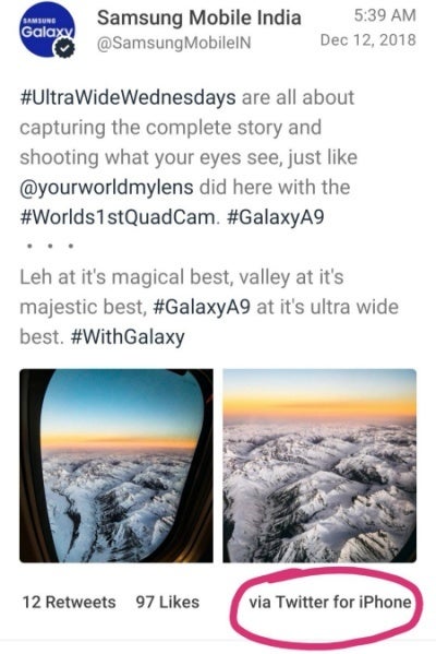 Samsung messes up again, tweeting about the Galaxy A9 from an iPhone
