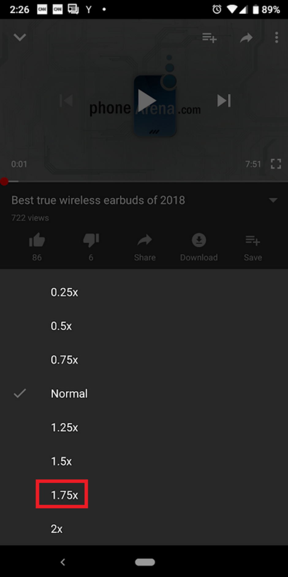 YouTube's Android app now offers playback speed at 1.75x normal - Google adds 1.75X playback speed option to the Android version of the YouTube app