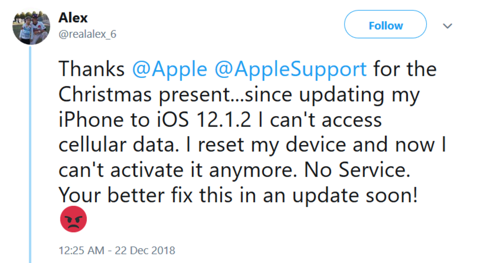 Unhappy Apple iPhone users around the globe are tweeting that iOS 12.1.2 broke their cellular data connectivity - Various Apple iPhone models around the world lost cellular data connectivity after iOS 12.1.2 update