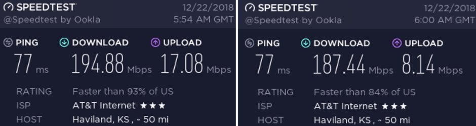 At left, Speedtest result from AT&amp;amp;T&#039;s 5G+ service. At right, result from AT&amp;amp;T&#039;s LTE-A service - AT&amp;T&#039;s mobile 5G service not off to an impressive start