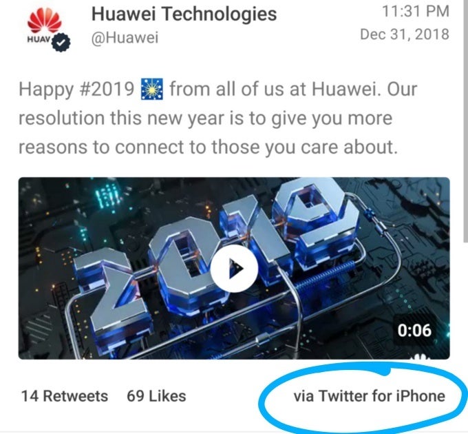 Huawei rings in the new year with celebration message tweeted from an iPhone