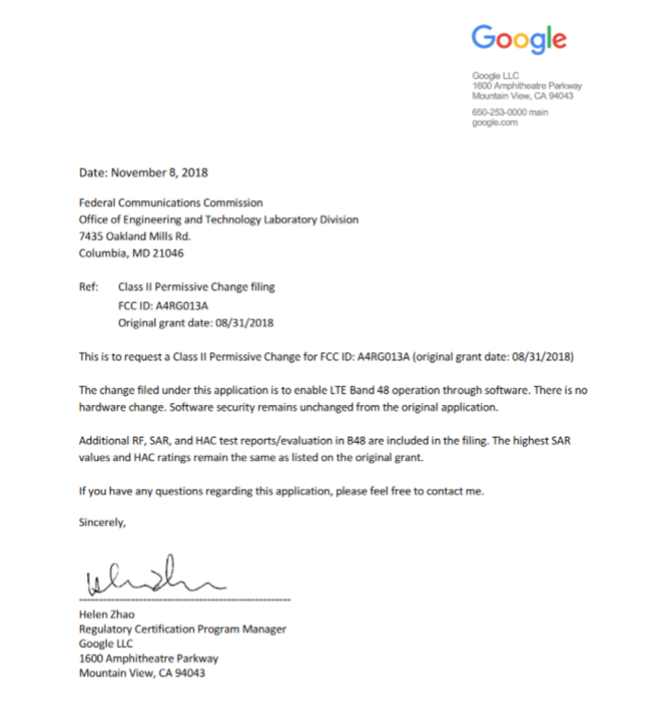 Letter from November states that Google will use a software update to add Band 48 support to the Pixel 3 - Google will send software update to Pixel 3 allowing the phone to support Band 48