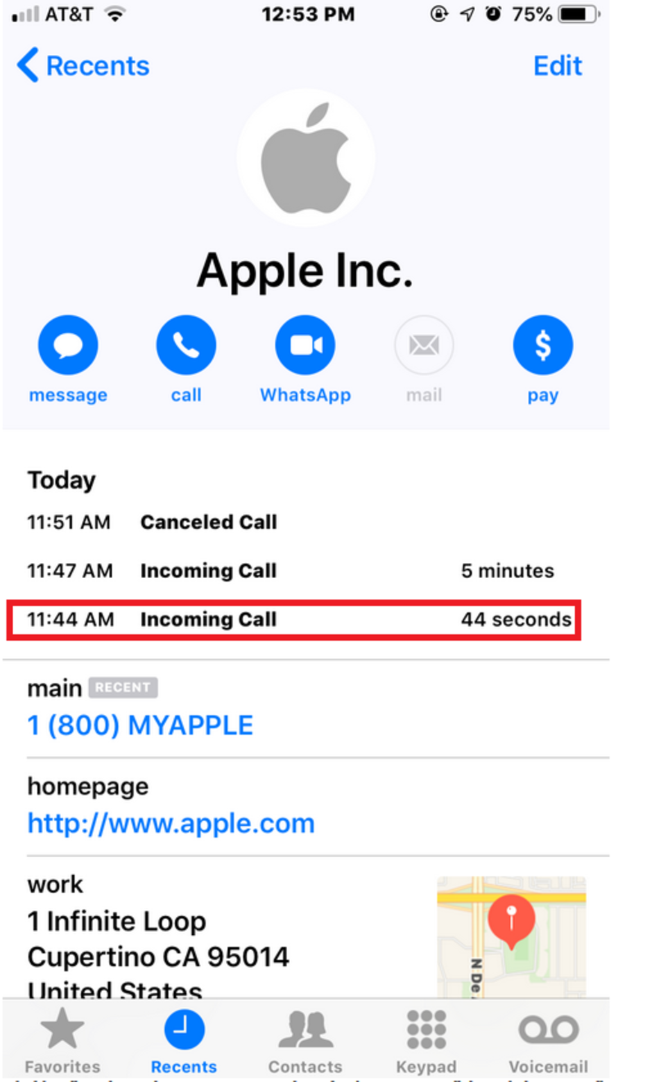 Data generated by a fake call claiming to be from Apple. Note the incorrect web address. The other two calls not highlighted were from Apple - Apple iPhone users targeted in phishing scam