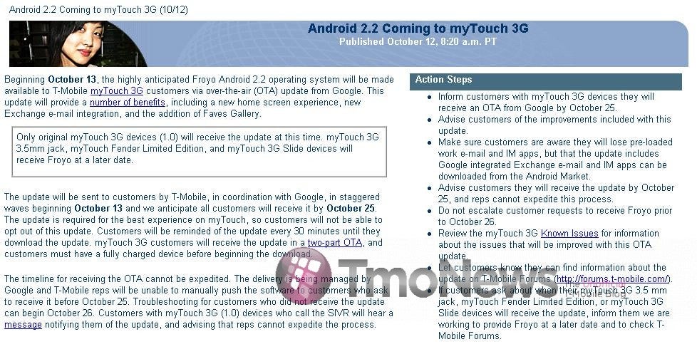 Original T-Mobile myTouch 3G phones to get Froyo upgrade this week