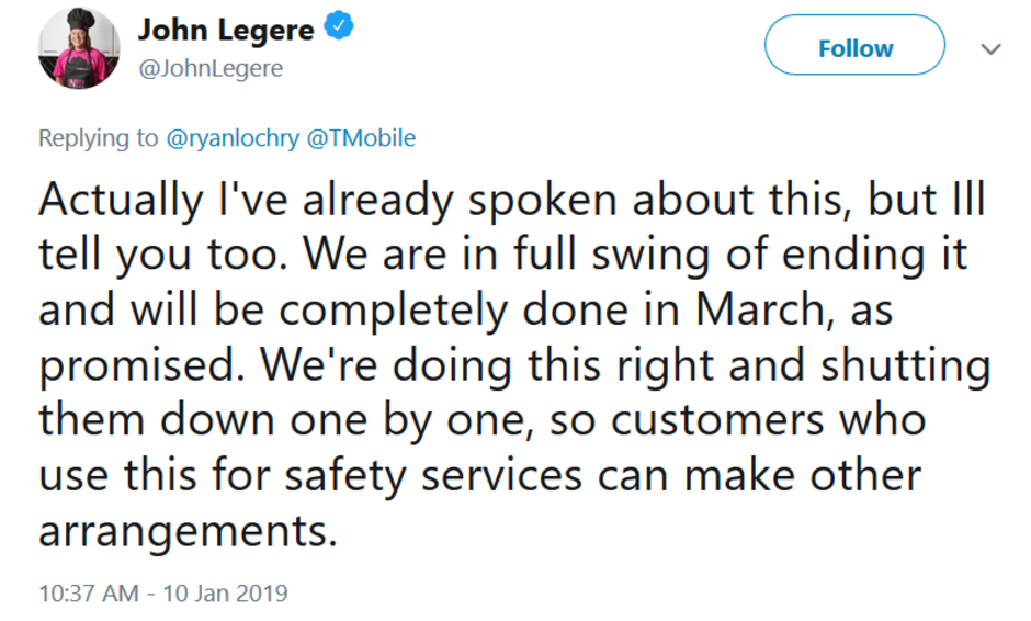 Tweet from T-Mobile CEO John Legere says that T-Mobile plans on ending sales of its customers' real-time location data to third party firms in March - Google says it told Sprint and T-Mobile not to sell Project Fi customers' location data