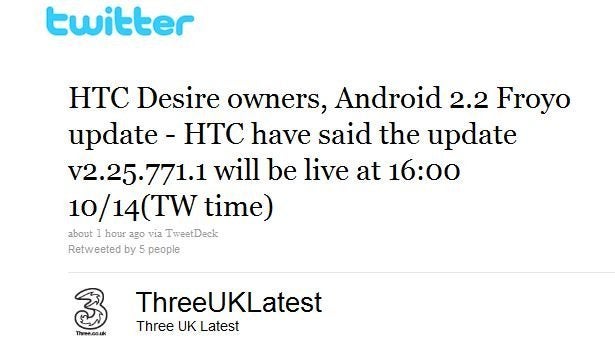 Three UK is now pushing out the Android 2.2 Froyo update for the HTC Desire
