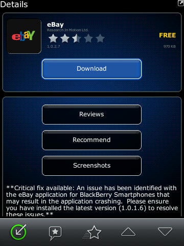 eBay app for BlackBerry has been updated to include support for the Torch
