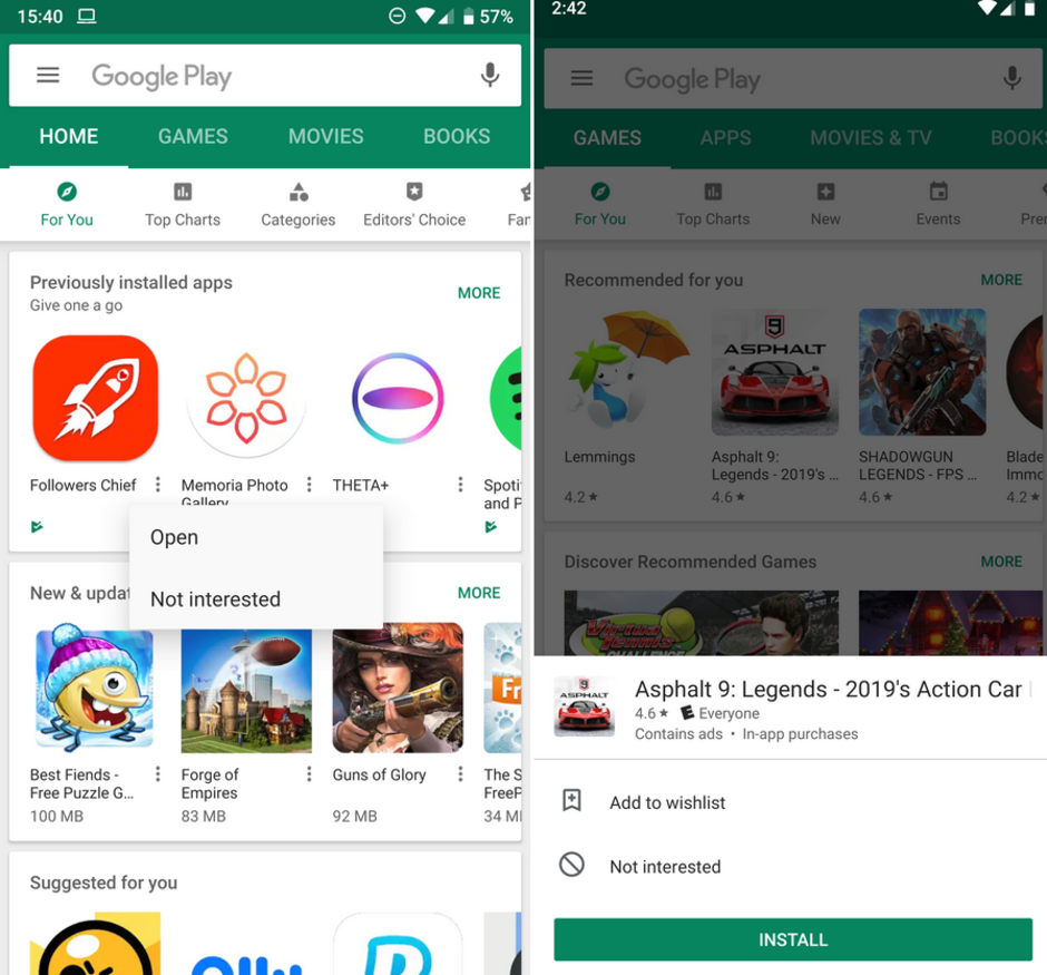 The current Google Play Store UI at left, and the UI being tested - Google tests more changes for the Google Play Store UI