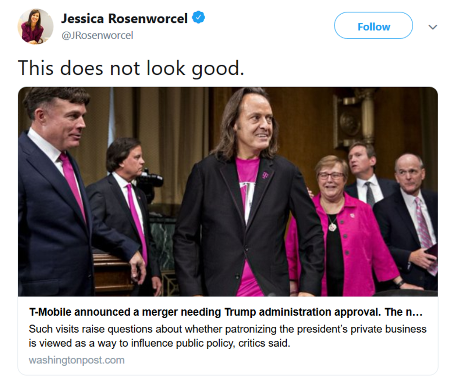 FCC commissioner takes shot at T-Mobile for staying at Trump's Washington D.C. hotel - FCC commissioner's tweet rebukes T-Mobile for its Trump International Hotel stays