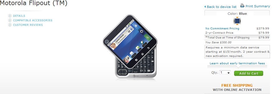Motorola FLIPOUT is now available through AT&T's web site for $79.99