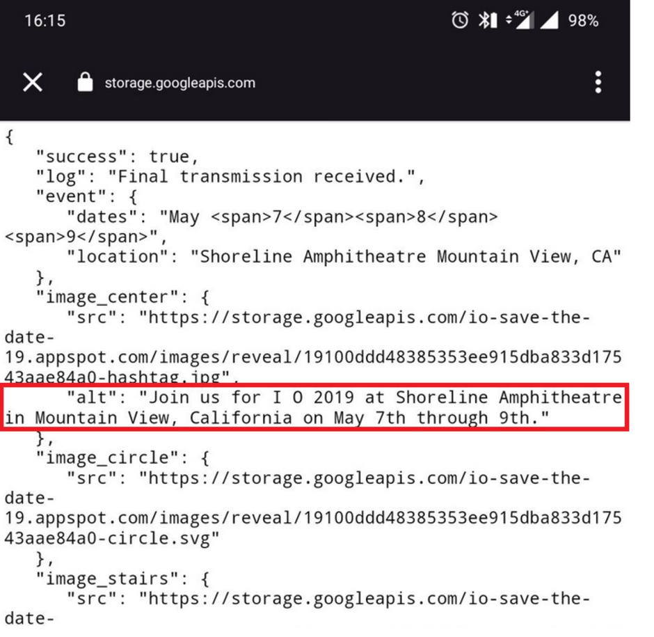 Tweet in JSON code containing Google I/O date and venue - Solving puzzle leads to Google I/O 2019 dates