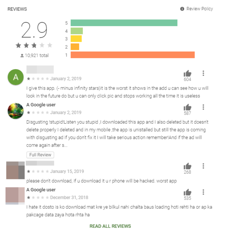 When you see comments like this in the Google Play Store, do not install the app - Malware filled camera beauty and filter apps removed from Google Play Store
