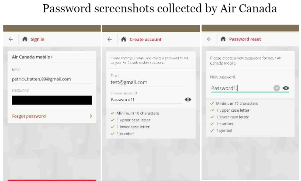 Screenshots collected by Air Canada show user's password when creating a new account, or resetting the password - Some iOS apps track every tap or swipe you make