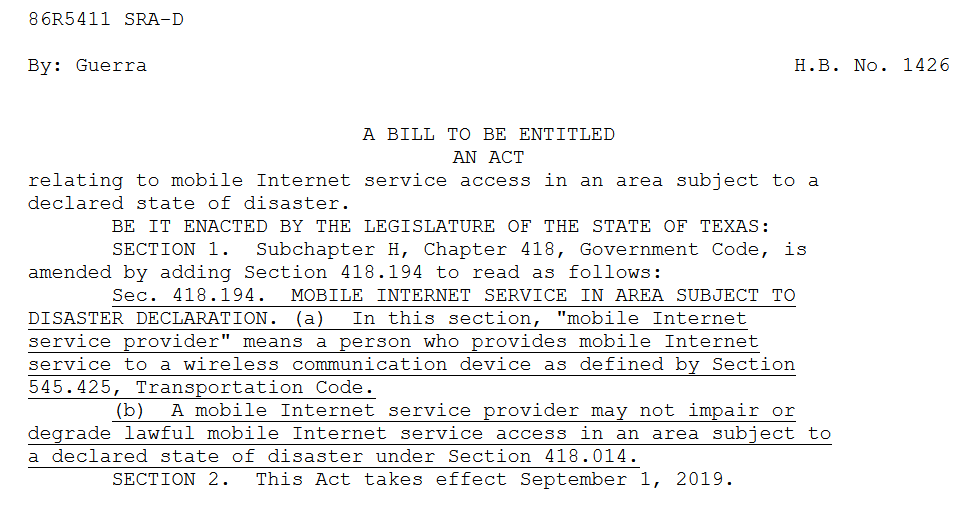 HB 1426 would prevent wireless carriers in Texas from throttling data speeds in declared disaster areas - Bill proposed in Texas would make it illegal for Verizon and other carriers to throttle data speeds in disaster areas