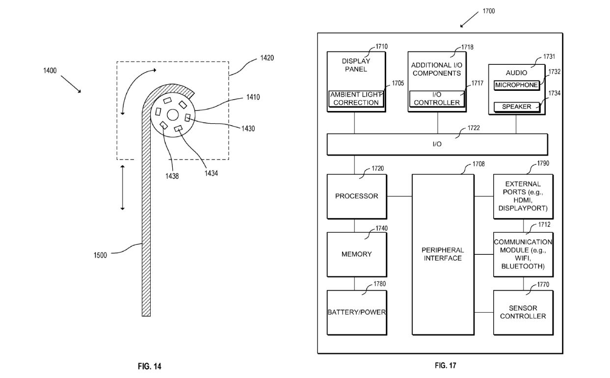 The spool for the display on the left, the system diagram for a device that has one on the right - Apple patented rollable display tech that can be used for anything from watches to TVs