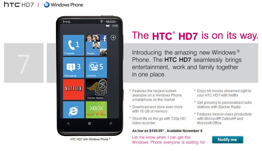 HTC HD7 is coming to T-Mobile on November 8 for $199.99 on contract - HTC HD7 brings Windows Phone 7 to T-Mobile on November 8