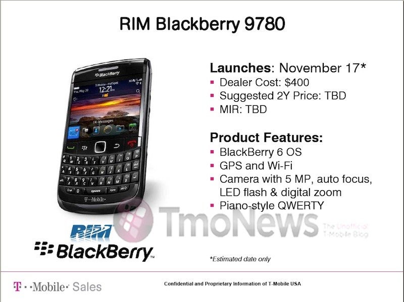 November 17th is the estimated launch date for the BlackBerry Bold 9780 on T-Mobile - T-Mobile to launch BlackBerry Bold 9780 on November 17th