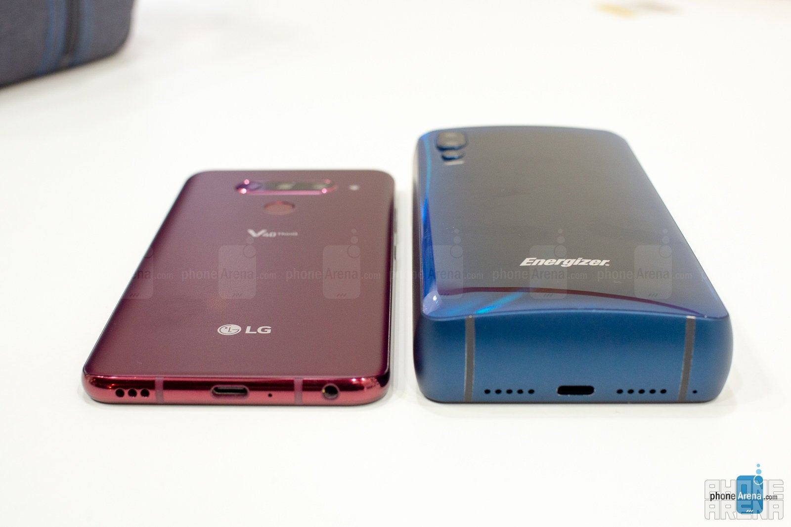 The LG V40 (left) vs the Energizer Power Max P18K Pop (right, obviously) - I got to hold the phone with the biggest battery in the world