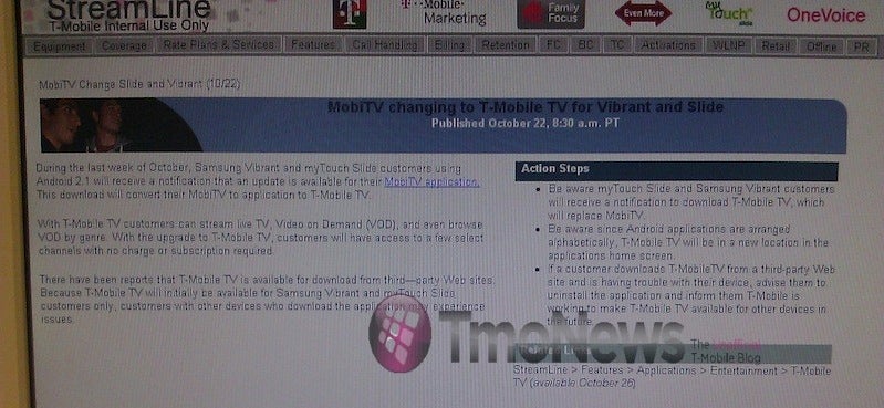 Leaked T-Mobile TV document - Samsung Vibrant and myTouch Slide ready for T-Mobile TV update