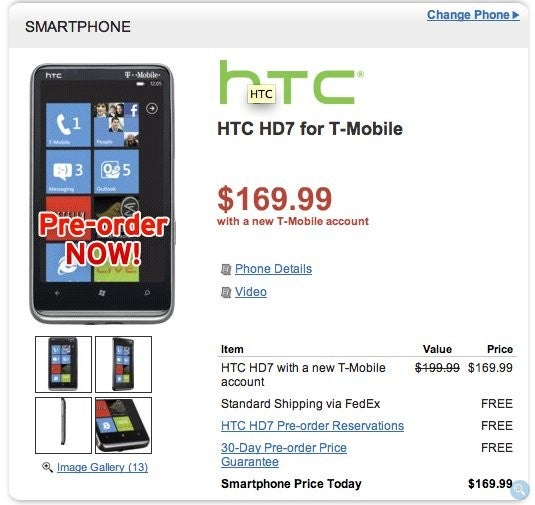 Wirefly's HTC HD7 pre-order offer - Wirefly opens up pre-orders for the HTC HD7 &amp; priced at $169.99 with a contract