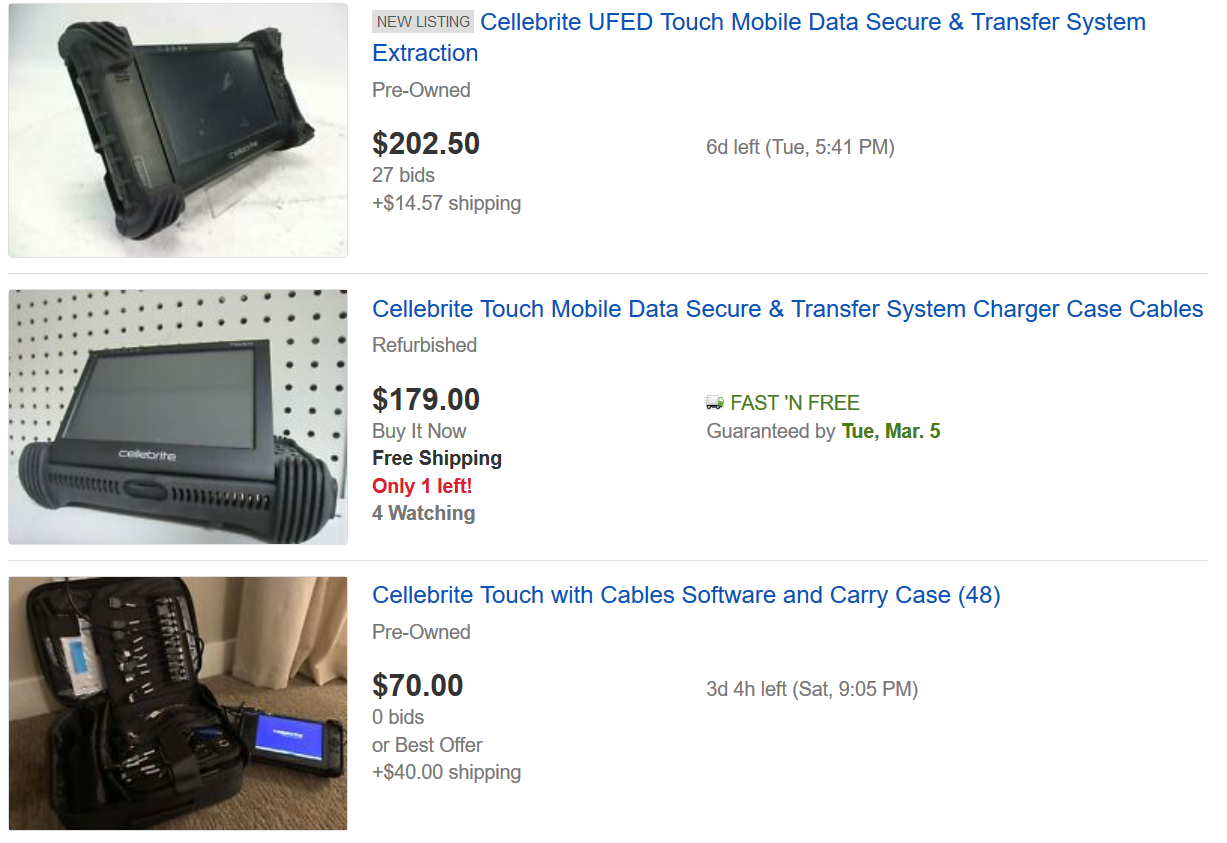 Examples of Cellebrite boxes and gear offered on eBay - Machines anyone can buy on eBay should worry iOS and Android users