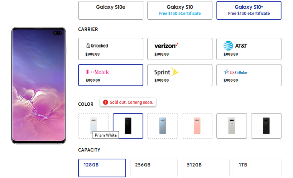 Some T-Mobile Samsung Galaxy S10 models are already sold out, Prism White is a coveted color