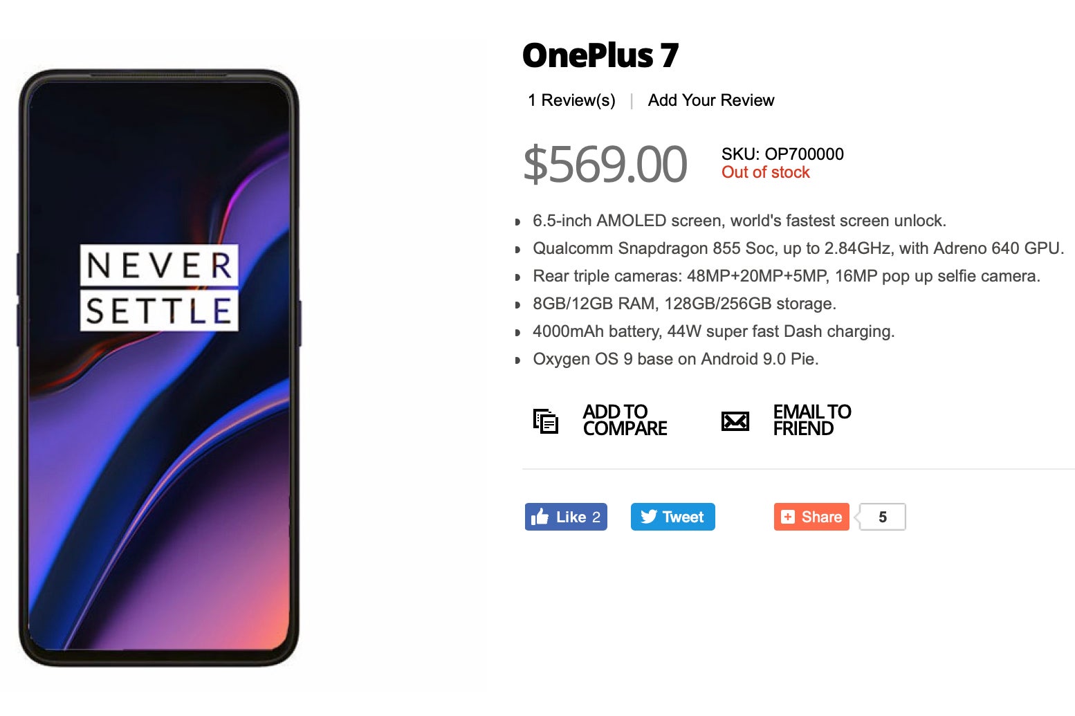 OnePlus 7 pops up on e-tail website, reveals specs and price