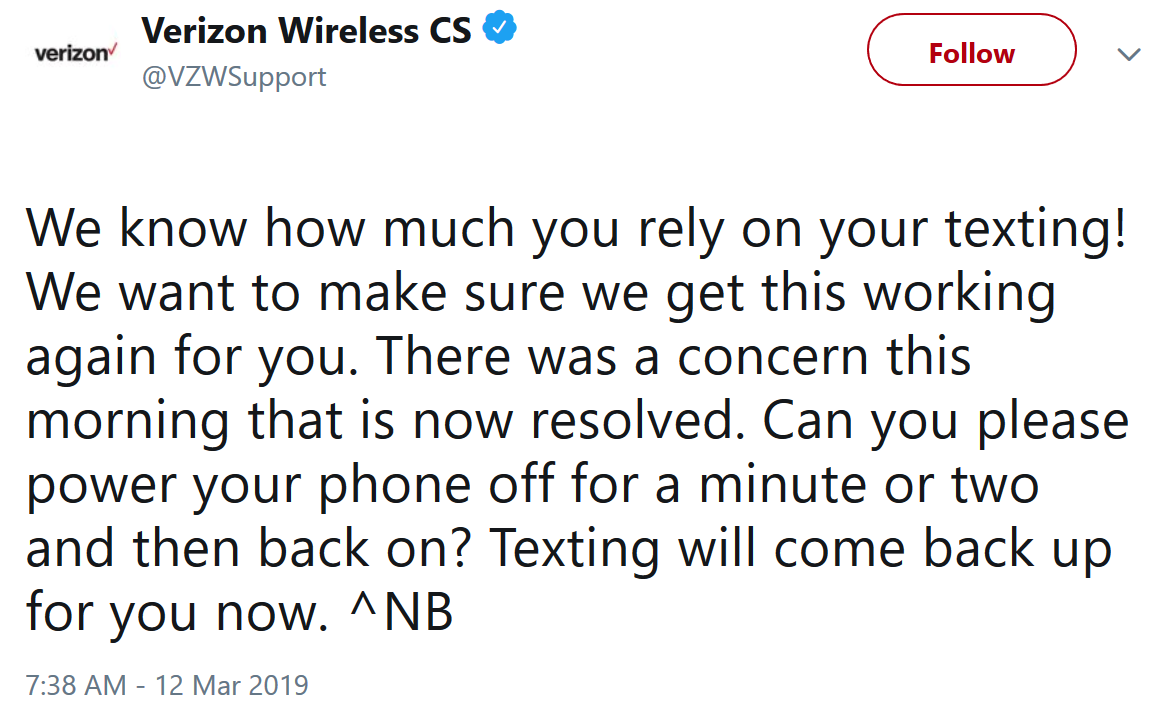 Verizon resolves issue with texting that affected tons of customers on the east coast - Nation's largest carrier resolves issue affecting "a ton" of subscribers