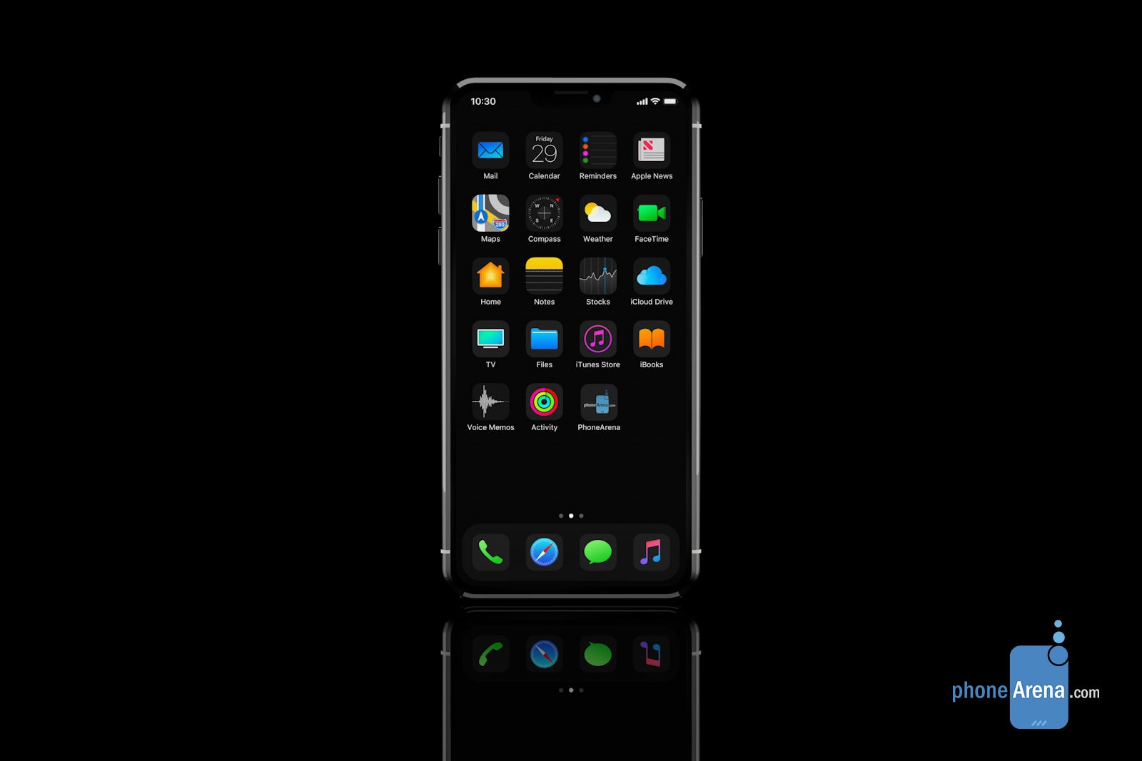 iPhone 11 running iOS 13 with Dark Mode envisioned in 3D renders