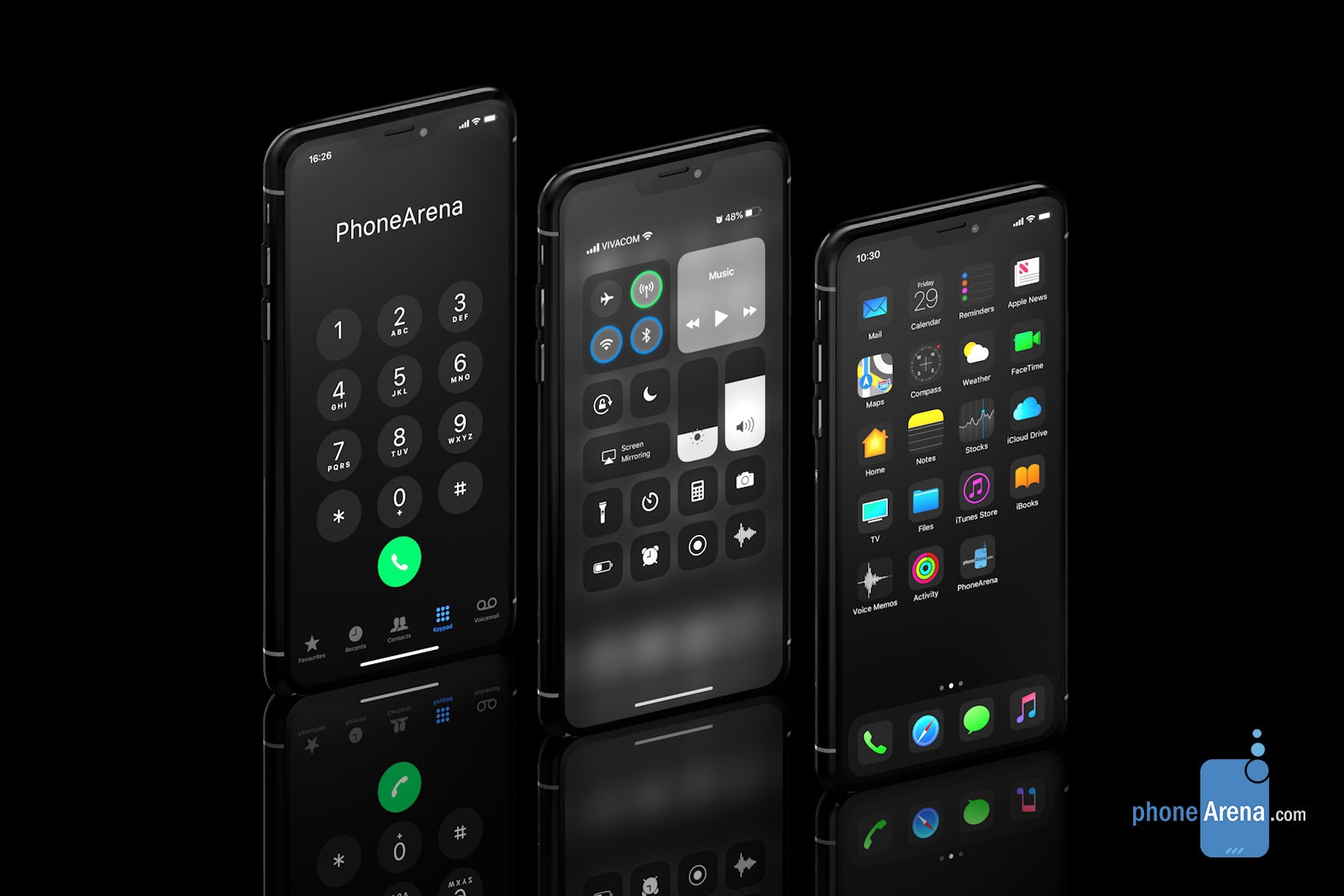 iPhone 11 running iOS 13 with Dark Mode envisioned in 3D renders