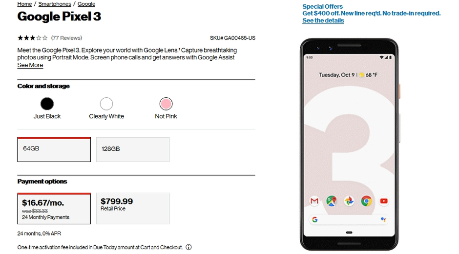 Deal Google Pixel 3 Costs Just 400 50 Off At Verizon Phonearena Deal Google Pixel 3 Costs Just 400 50 Off At Verizon Phonearena
