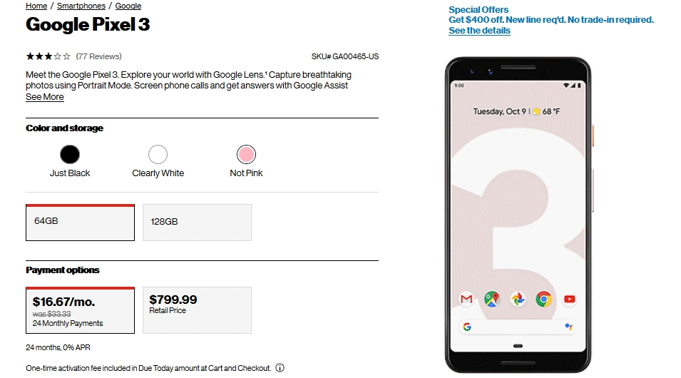 Deal: Google Pixel 3 costs just $400 (50% off) at Verizon