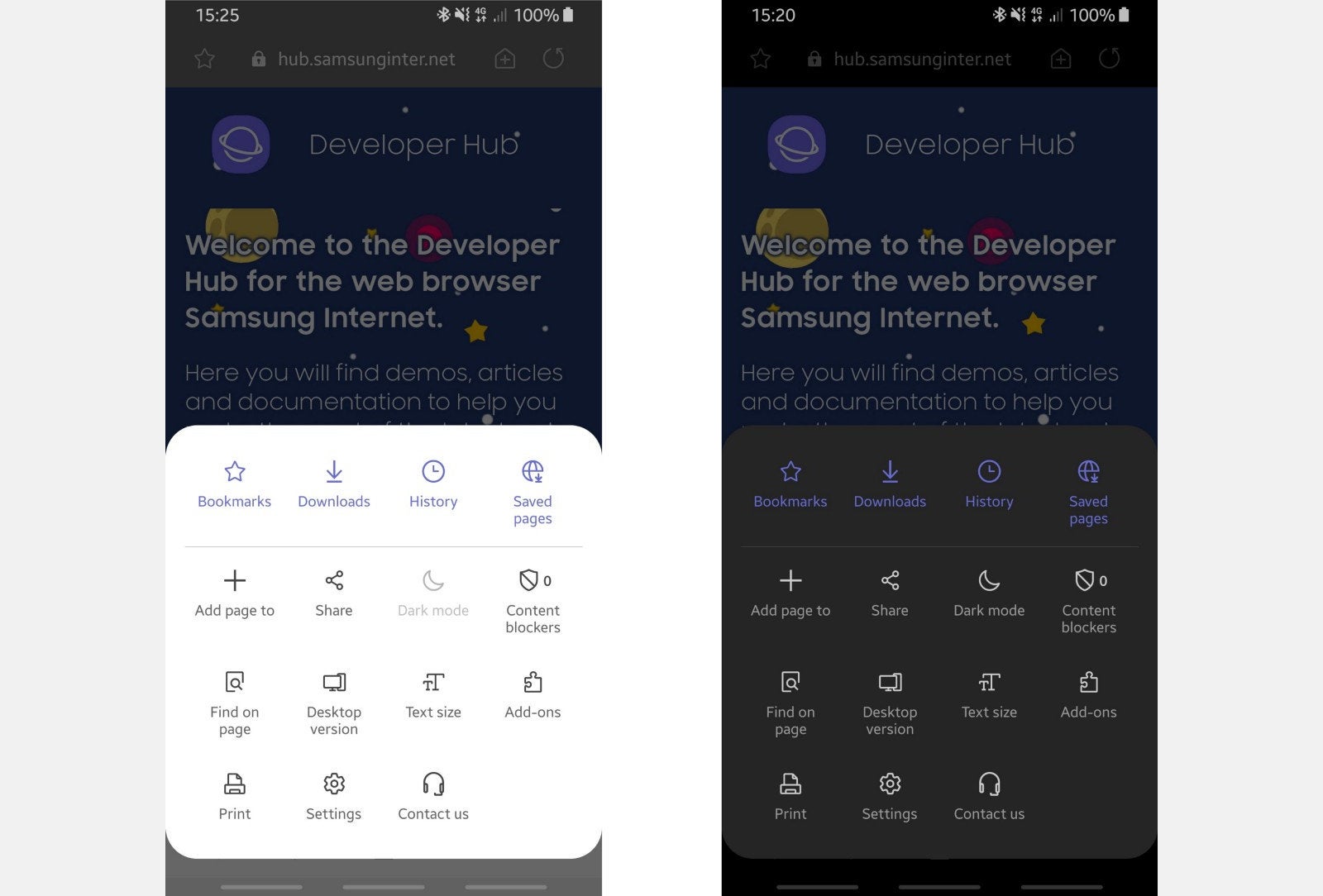 Samsung Internet in the standard (left) and dark ‘Night mode’ One UI theme - Samsung brings One UI goodness and enhanced dark mode to its mobile browser