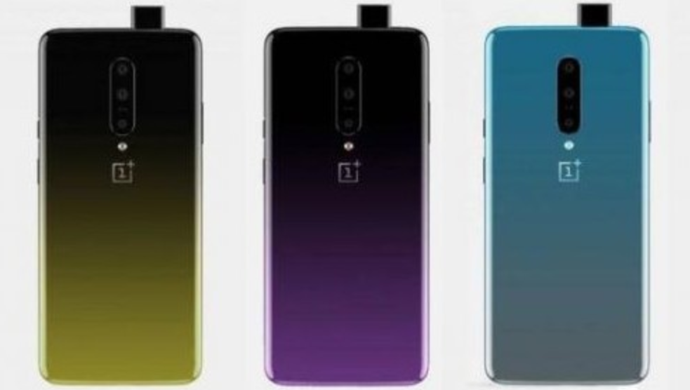 Render of the OnePlus 7 in its three color options, showing the pop-up selfie camera and vertically mounted triple camera setup - OnePlus 7 renders show off the phone's cameras and its three color options