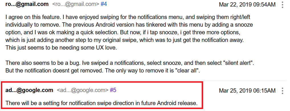 Google to add setting to Android to allow a swipe from either side to delete notification - Google says it will bring back feature it removed with first beta version of Android Q