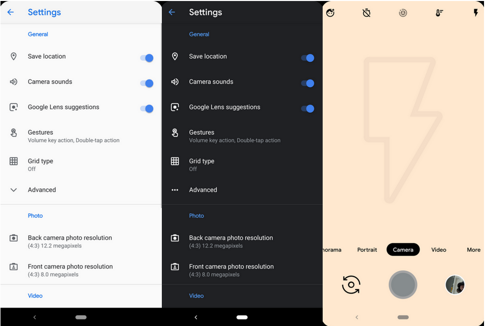 Settings before and after Dark mode and the flash icon now appears when it is enabled for the selfie snapper - Update to the Google Camera app adds a popular feature