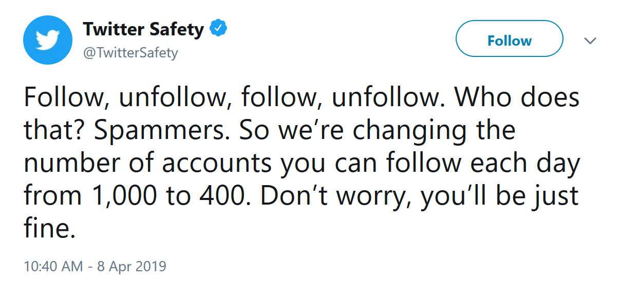 Twitter lowers the cap on daily followers to 400 in an attempt to curtail spammers - Twitter makes a change in an effort to slow down spammers