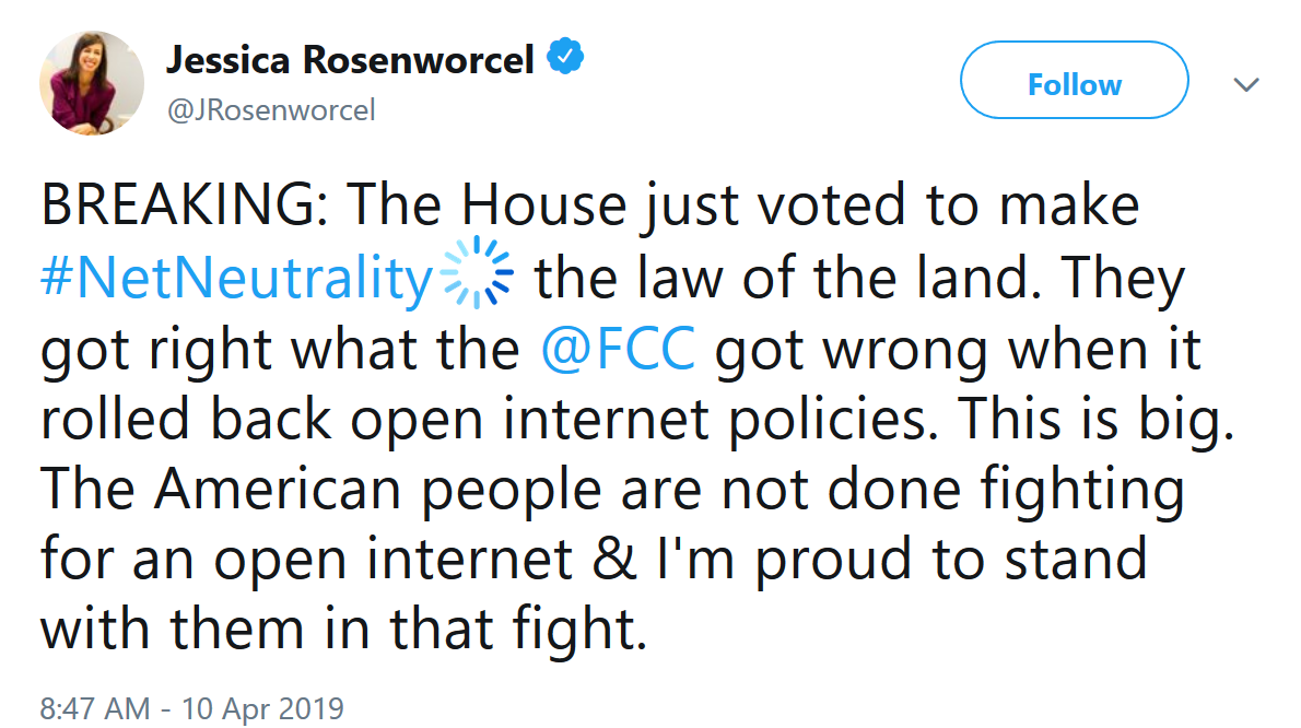 FCC commissioner Jessica Rosenworcel tweets out word about the House vote - Even though the House voted to bring back net neutrality, the Senate made sure the bill is DOA