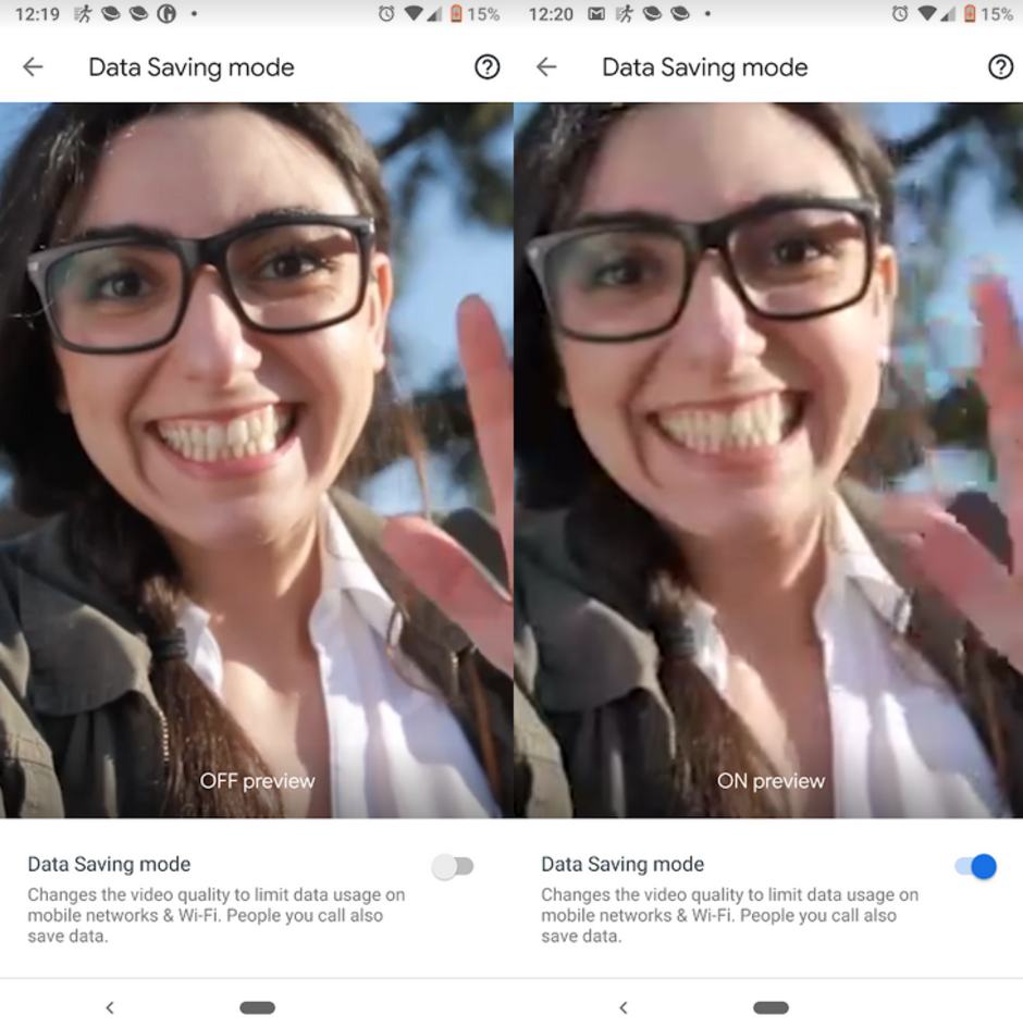 A preview on the Duo app shows you the difference in video quality when Data Saving Mode is disabled (L) and when it is enabled (R) - Change to Google Duo app saves users from overages and throttled data speeds even when using Wi-Fi