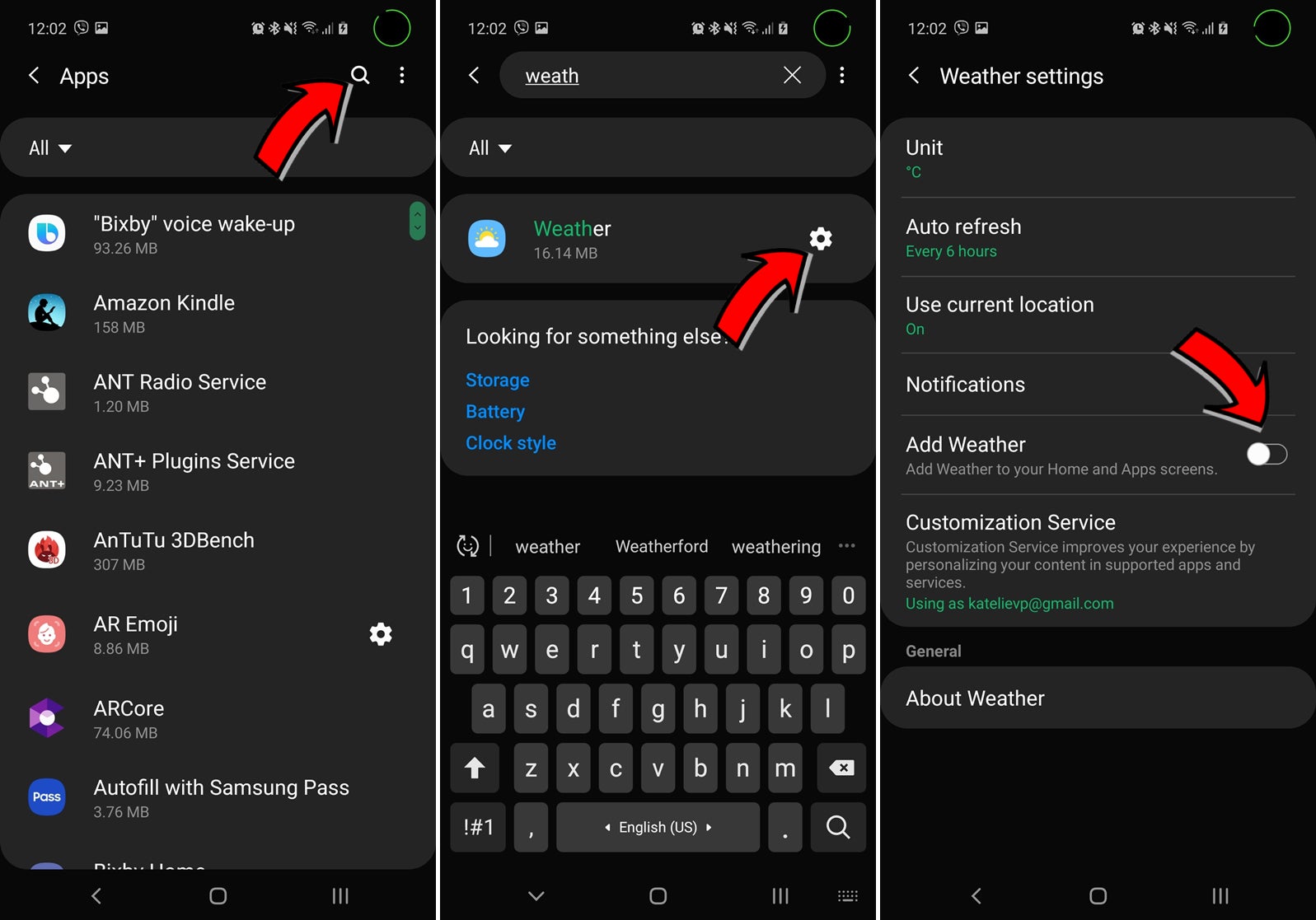 Where is the Weather app shortcut on Samsung Galaxy S10?