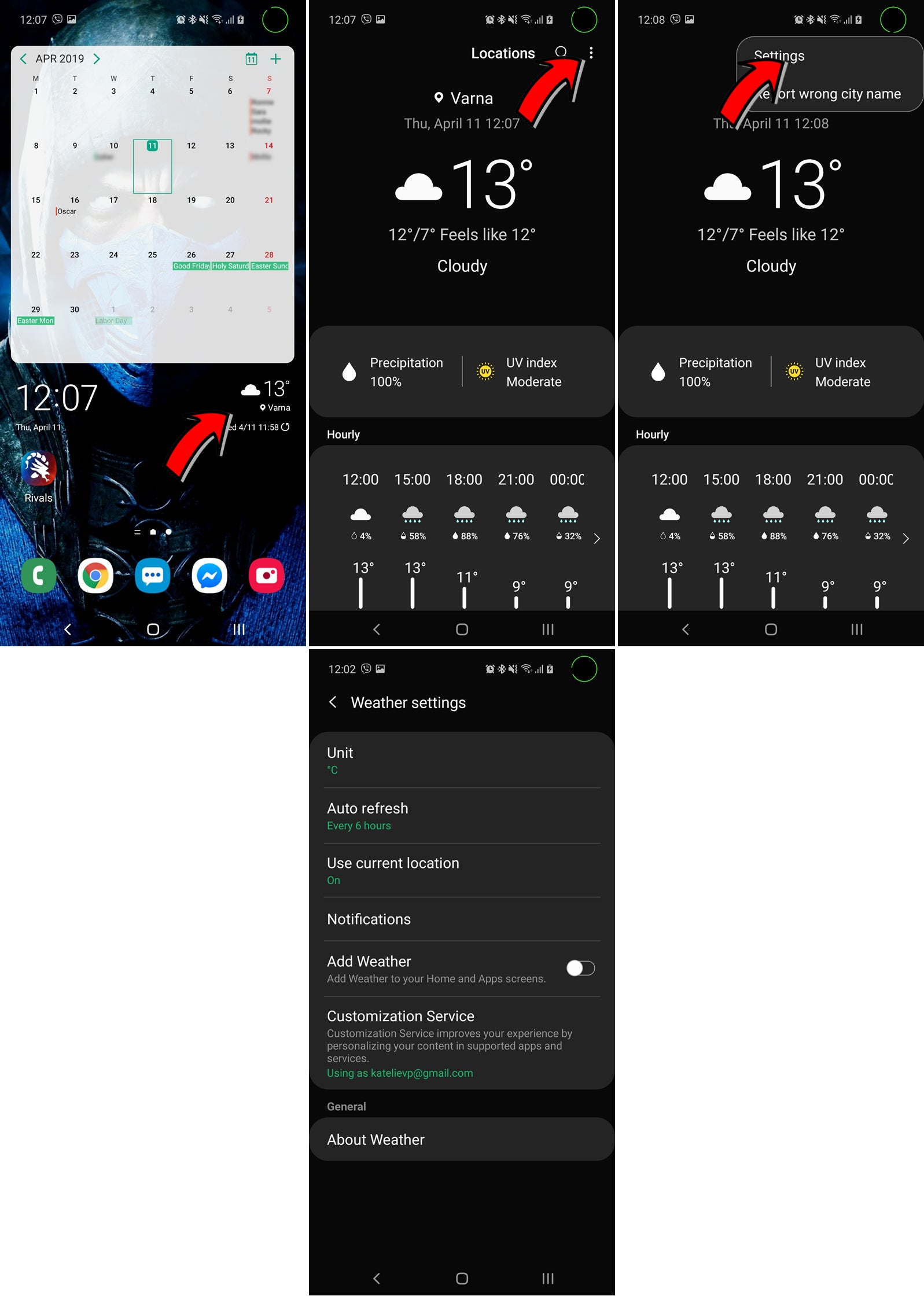 Where is the Weather app shortcut on Samsung Galaxy S10?