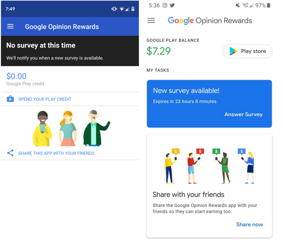 Old UI on the left, updated Material Design UI on the right - Google app that pays you to take surveys receives Material Design makeover