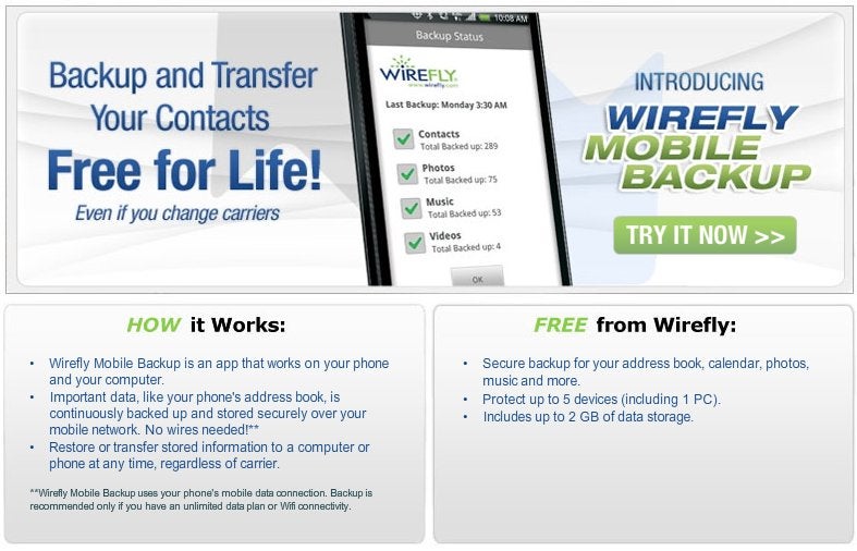 Wirefly is offering their own free mobile backup service for a variety of platforms - Wirefly is now offering their very own free mobile backup service