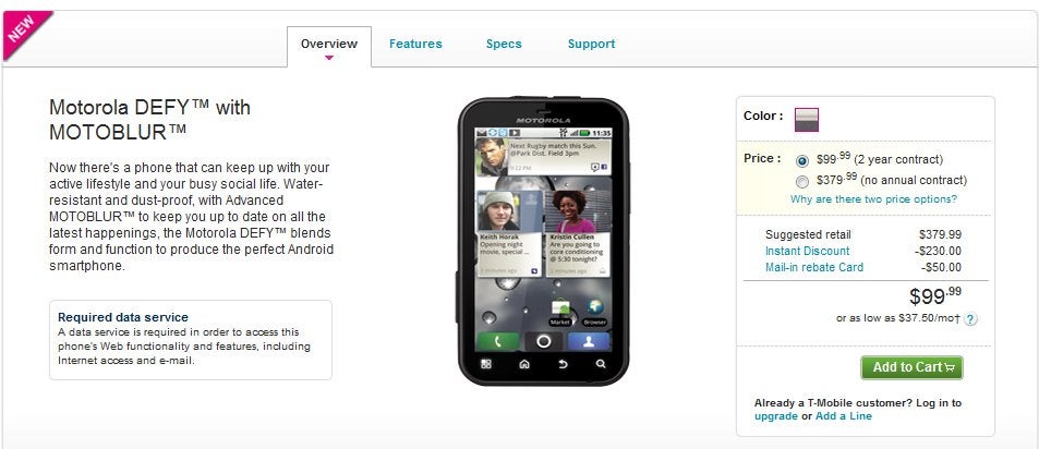 Motorola DEFY is now available through T-Mobile for $99.99 with a 2-year contract - Motorola DEFY is now available through T-Mobile for $99.99 with a contract