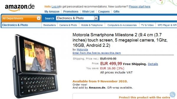 Amazon Germany is accepting orders for the Motorola MILESTONE 2 - Amazon Germany is now accepting order for the Motorola MILESTONE 2